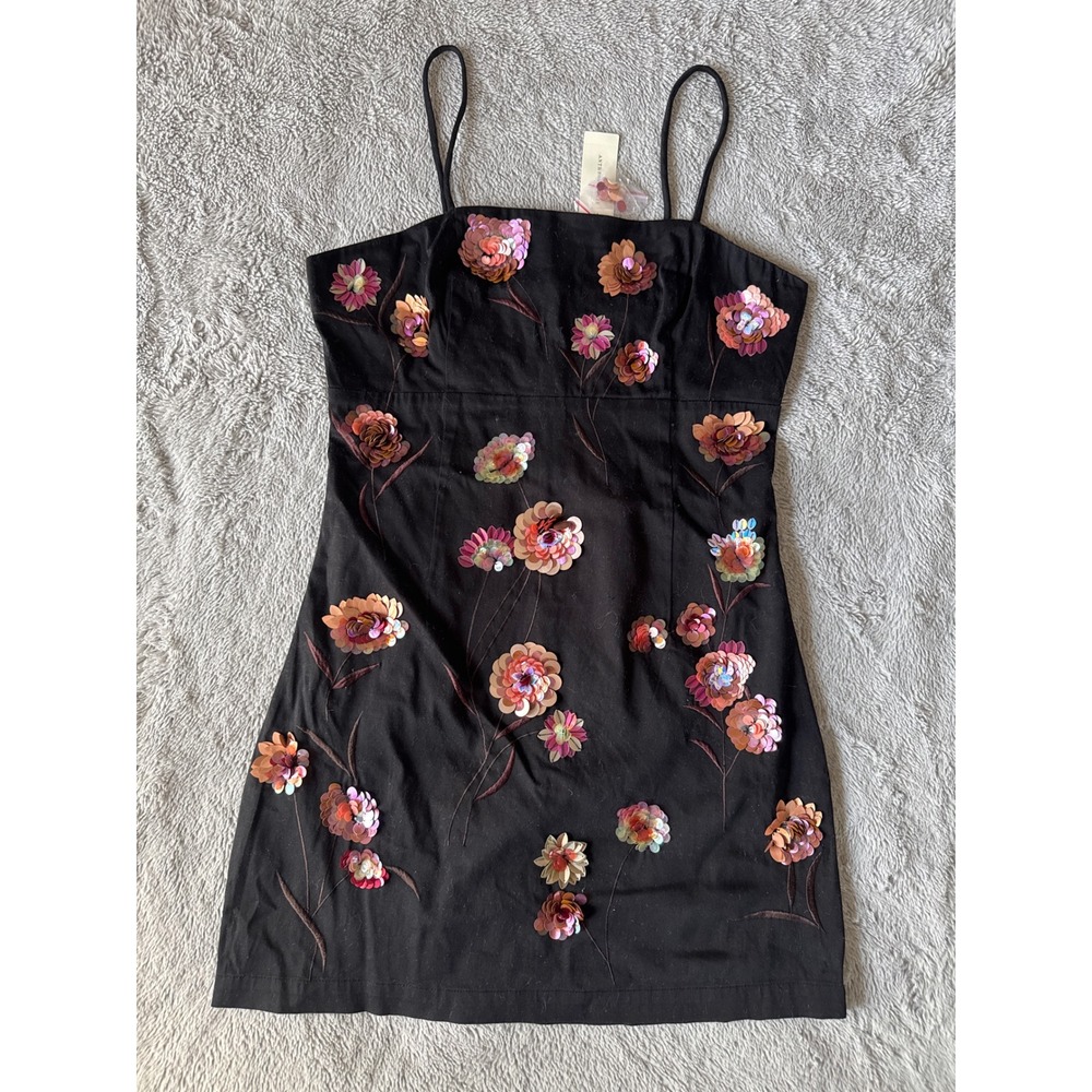 Anthropologie Sequin Floral Mini Dress Black Pink 3D Embroidery Size 4 NWT